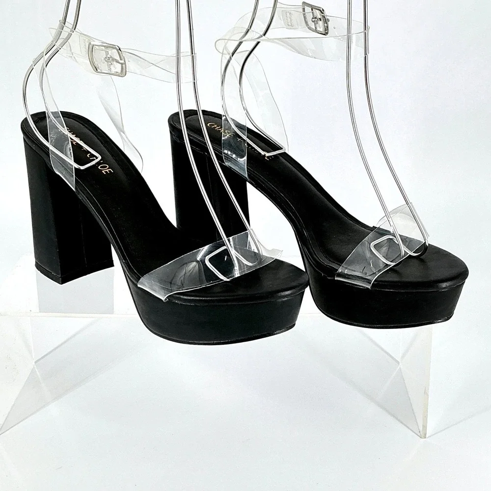 CHASE AND CHLOE Size 8.5 Black Clear Strap Platform Chunky‎ Heel Hela Sandals
